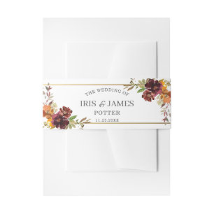Rustic Burgundy Burnt Orange Yellow Floral Wedding Invitation Belly Band