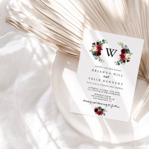Rustic Burgundy Calligraphy Monogram Wedding Invitation