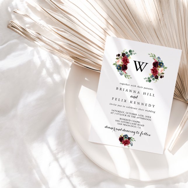 Rustic Burgundy Calligraphy Monogram Wedding Invitation (Creator Uploaded)