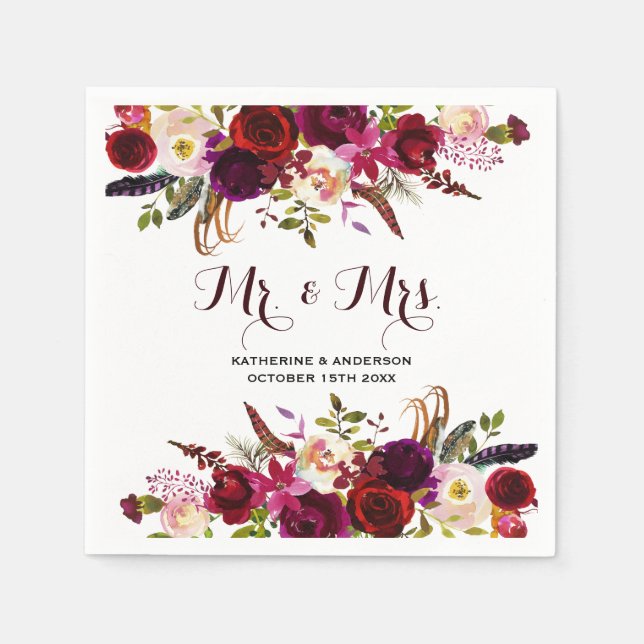 Rustic Burgundy Chic Floral Mr and Mrs Wedding Napkin (Front)