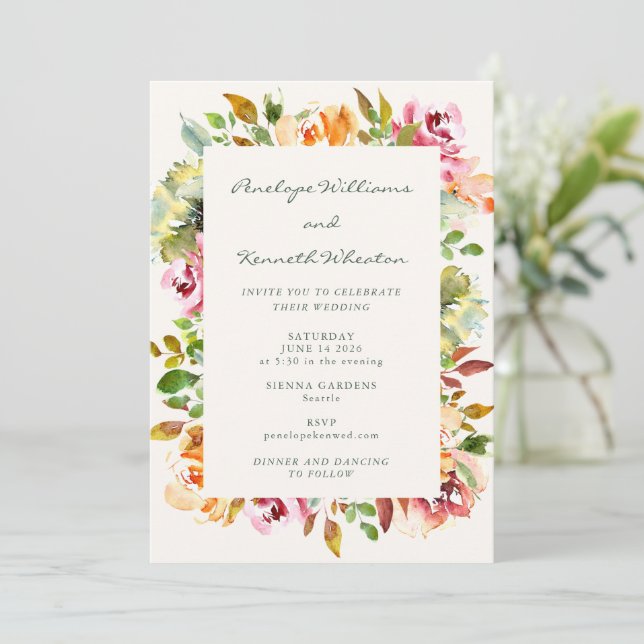Rustic Burgundy Country Floral Wedding All In One Invitation (Standing Front)