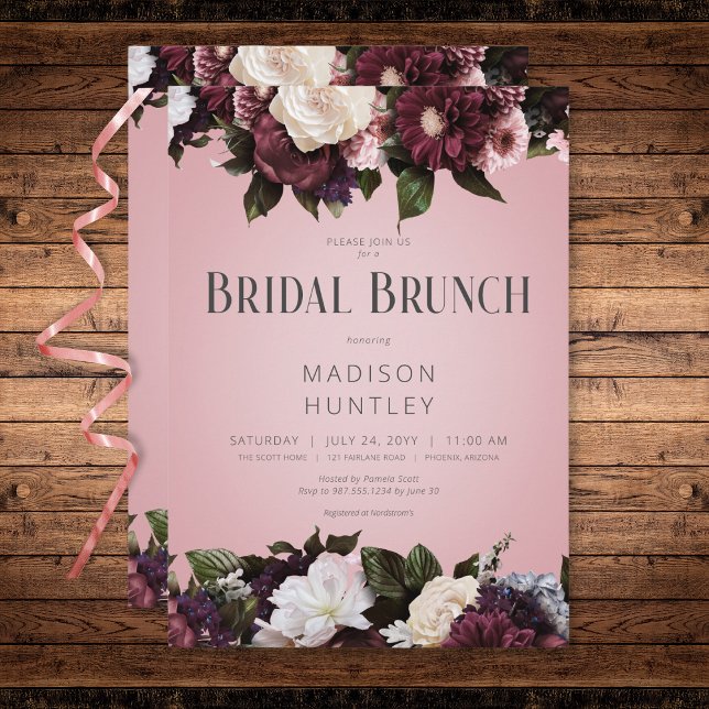 Rustic Burgundy Cream & Pink Floral Bridal Brunch Invitation (Rustic Burgundy Cream & Pink Floral Bridal Brunch Invitation)