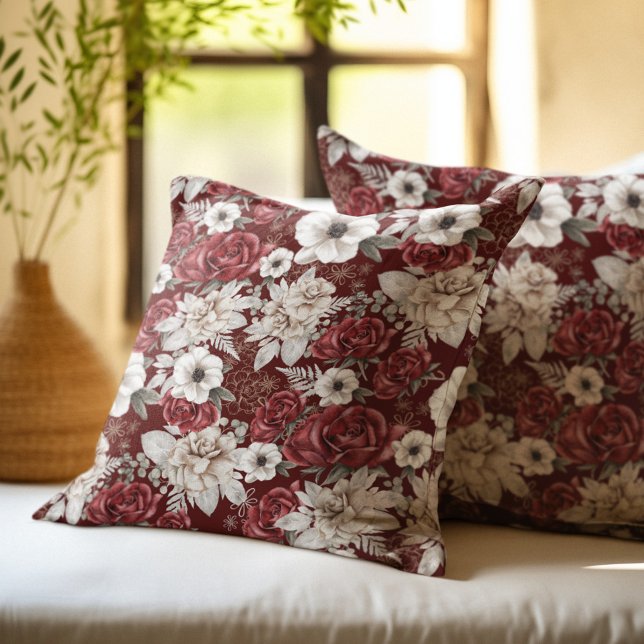 Rustic Burgundy Cream Rose Floral Pattern Cushion (Creator Uploaded)