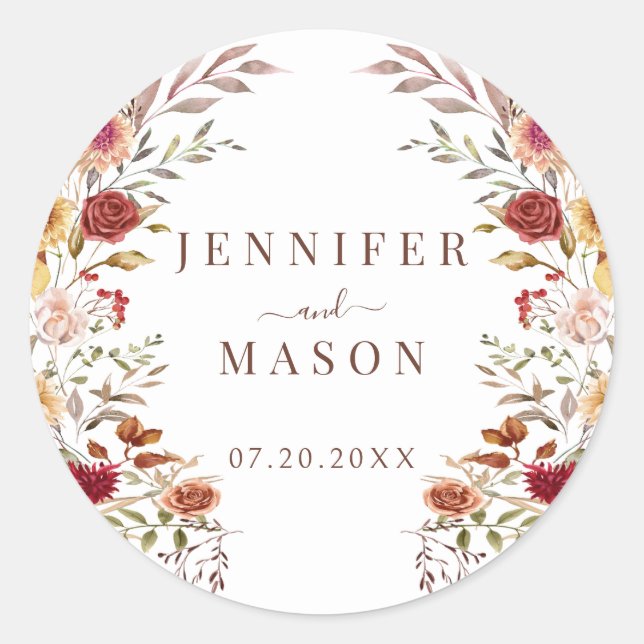 Rustic Burgundy Dried Flower Wreath Fall Wedding Classic Round Sticker (Front)