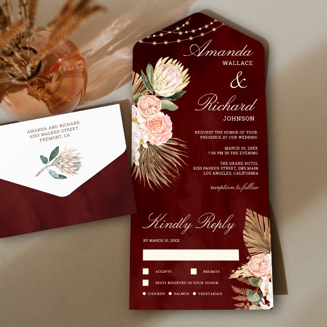 Rustic Burgundy Earthy Floral Palm Protea Wedding All In One Invitation (Creator Uploaded)