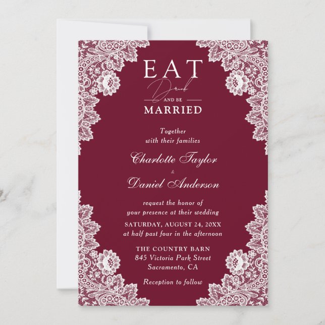 Rustic Burgundy Eat Drink and Be Married Wedding Invitation (Front)