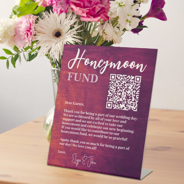     Rustic Burgundy Elegant QR Code Honeymoon Fund Pedestal Sign (Creator Uploaded)