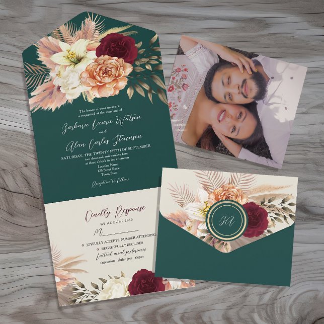 Rustic Burgundy Emerald Wedding Invite (Creator Uploaded)