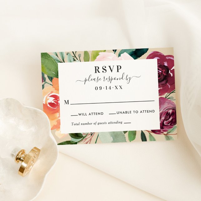 Rustic Burgundy Fall Floral Border Wedding RSVP Card (Creator Uploaded)