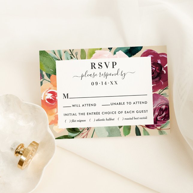 Rustic Burgundy Fall Floral Border Wedding RSVP Card (Creator Uploaded)
