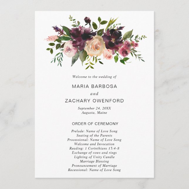 Rustic Burgundy Fall Floral Elegant Wedding Programme (Front)
