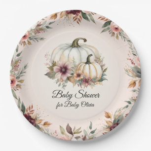 Rustic Burgundy Fall Floral Pumpkin Baby Shower Paper Plate