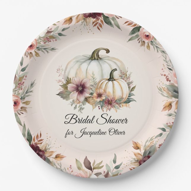 Rustic Burgundy Fall Floral Pumpkin Bridal Shower Paper Plate (Front)