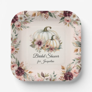 Rustic Burgundy Fall Floral Pumpkin Bridal Shower Paper Plate