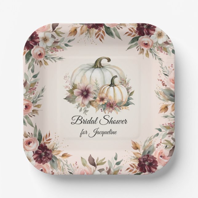 Rustic Burgundy Fall Floral Pumpkin Bridal Shower Paper Plate (Front)