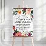 Rustic Burgundy Fall Floral Unplugged Ceremony Poster<br><div class="desc">Elegant wedding poster sign invites guests to be unplugged for the ceremony. Design features a rustic summer and fall floral watercolor wreath design with beautiful roses,  dahlias,  peony flowers,  and greenery,  in a gorgeous autumn palette of burgundy red,  golden yellow,  peach orange,  blush pink,  and shades of green.</div>