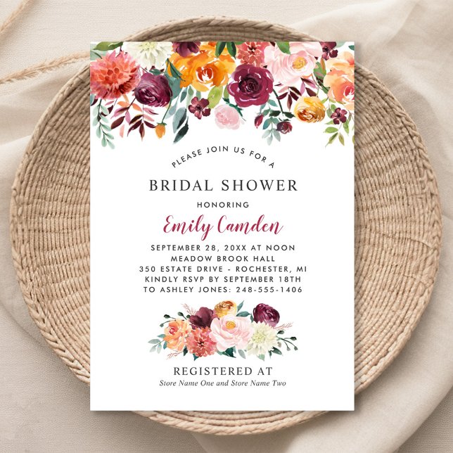 Rustic Burgundy Fall Floral Wedding Bridal Shower Invitation (Creator Uploaded)