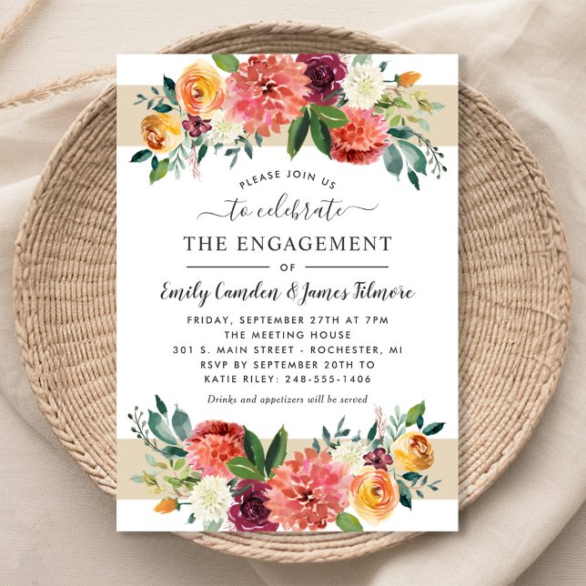 Rustic Burgundy Fall Floral Wedding Engagement Invitation (Creator Uploaded)
