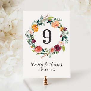 Rustic Burgundy Fall Floral Wedding Table Number