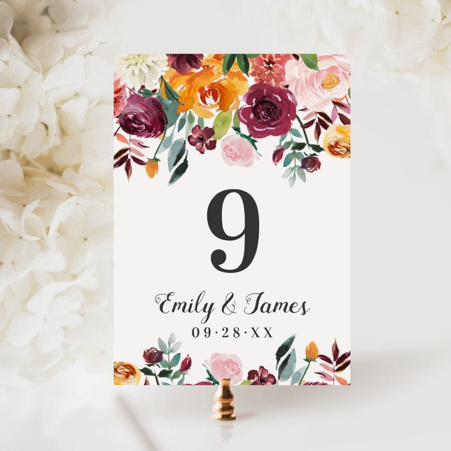 Rustic Burgundy Fall Floral Wedding Table Number (Creator Uploaded)