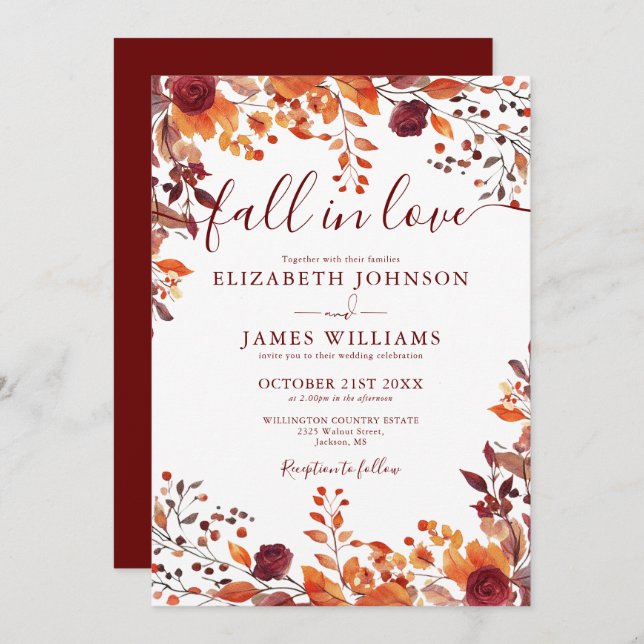 Rustic Burgundy Fall In Love Autumn Floral Wedding Invitation (Front/Back)