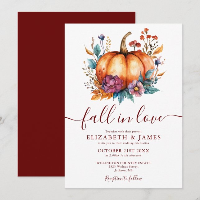 Rustic Burgundy Fall In Love Pumpkin Wedding Invitation (Front/Back)