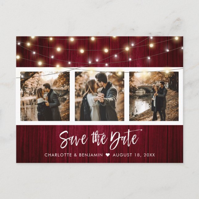 Rustic Burgundy Fall Wedding Photo Save The Date Announcement Postcard (Front)