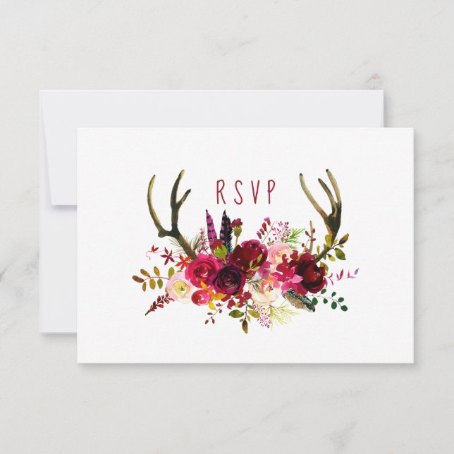 Rustic Burgundy Floral Antlers RSVP entree choice (Front)