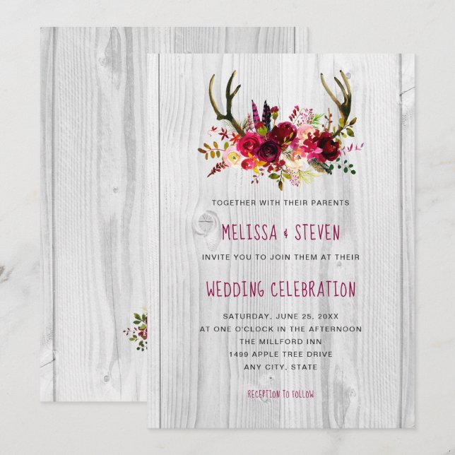 Rustic burgundy floral antlers Wedding invitations (Front/Back)