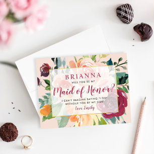 Rustic Burgundy Floral Be My Maid of Honour Card