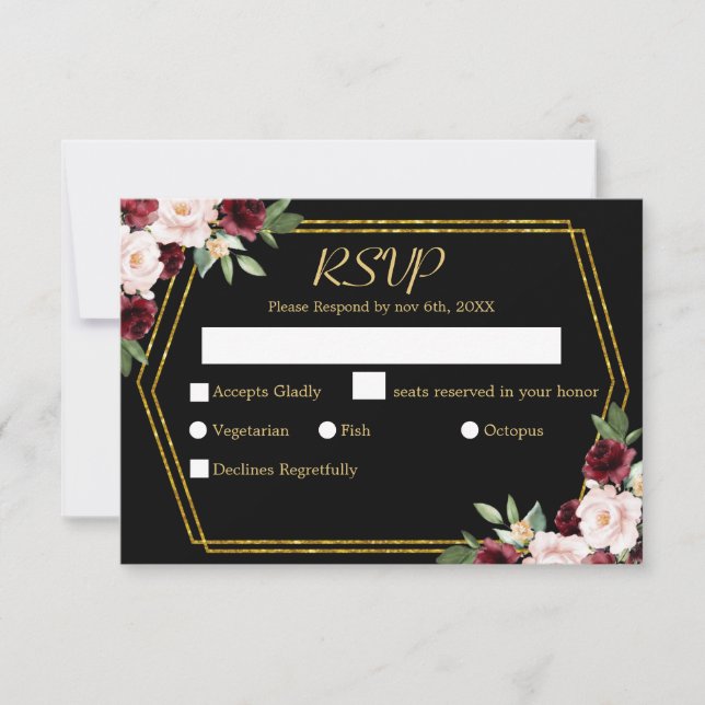 Rustic Burgundy Floral Black & Gold Wedding   RSVP Card (Front)