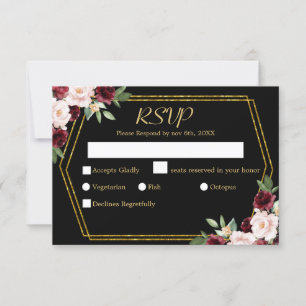Rustic Burgundy Floral Black & Gold Wedding RSVP Card
