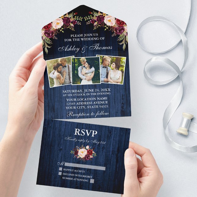 Rustic Burgundy Floral Blue Wood 3 Photo Wedding All In One Invitation (All In One Wedding Invitation with tear off RSVP Card)