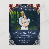 Rustic Burgundy Floral Blue Wood Lights Lace Photo