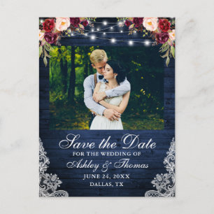 Rustic Burgundy Floral Blue Wood Lights Lace Photo Announcement Postcard