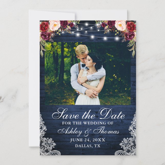 Rustic Burgundy Floral Blue Wood Lights Photo Save The Date (Front)
