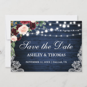 Rustic Burgundy Floral Blue Wood Save the Date