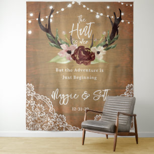 Rustic Burgundy Floral Boho Hunt is Over Wedding Tapestry