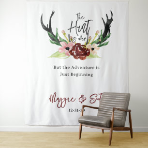 Rustic Burgundy Floral Boho Hunt is Over Wedding Tapestry