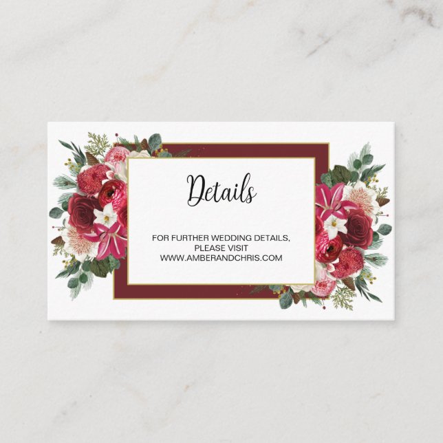 Rustic Burgundy Floral Boho Winter Wedding Website Enclosure Card (Front)