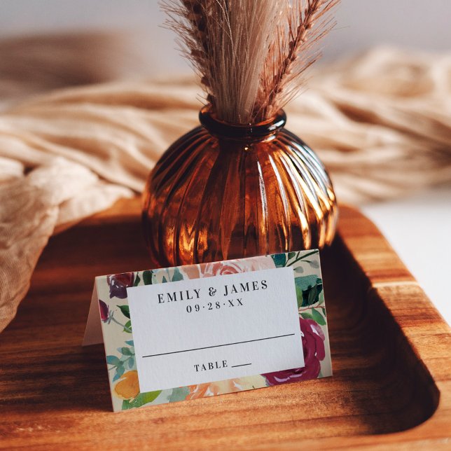 Rustic Burgundy Floral Border Wedding Monogram Place Card (Creator Uploaded)