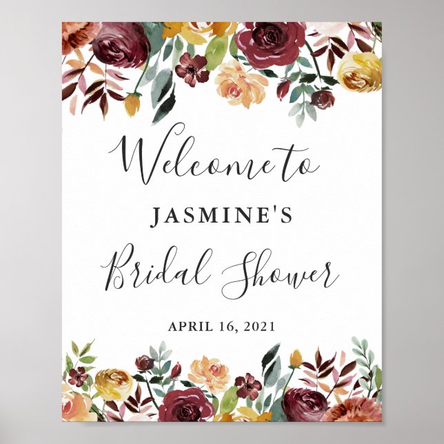 Rustic Burgundy Floral Bridal Shower Sign (Front)