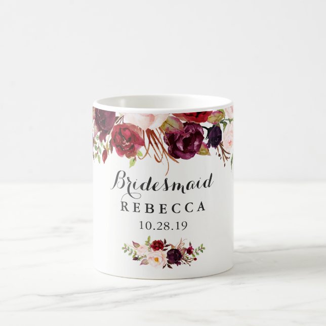 Rustic Burgundy Floral Bridesmaid Wedding Favour Coffee Mug (Center)