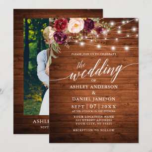 Rustic Burgundy Floral Calligraphy Photo Wedding Invitation