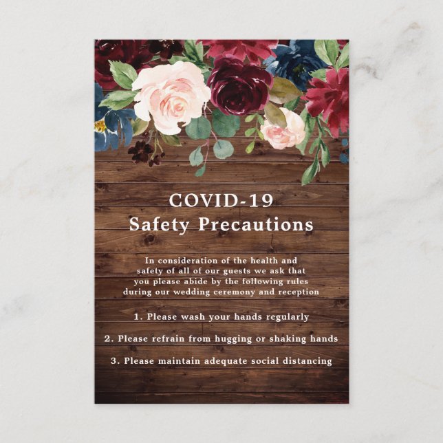 Rustic Burgundy Floral COVID-19 Safety Wedding Enclosure Card (Front)