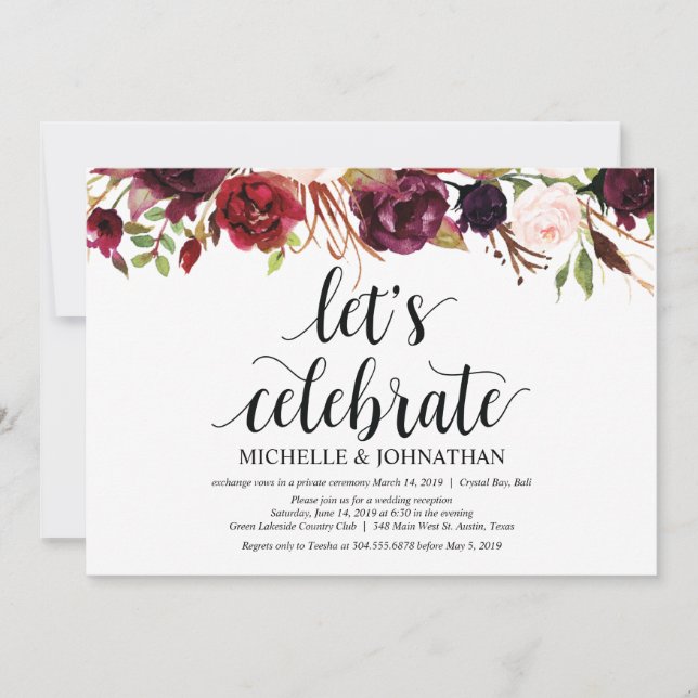 Rustic Burgundy Floral Elopement Reception Invites (Front)