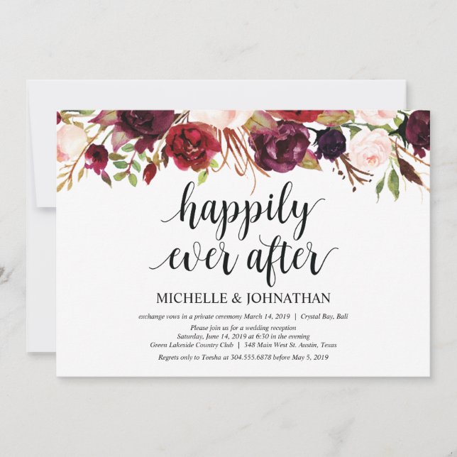Rustic Burgundy Floral Elopement Reception Invites (Front)