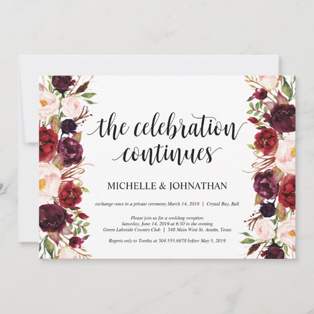 Rustic Burgundy Floral Elopement Reception Invites (Front)