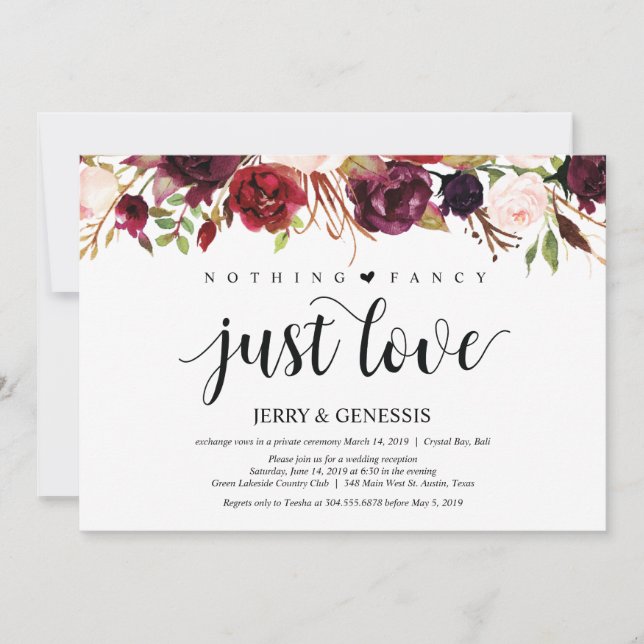 Rustic Burgundy Floral Elopement Reception Invites (Front)