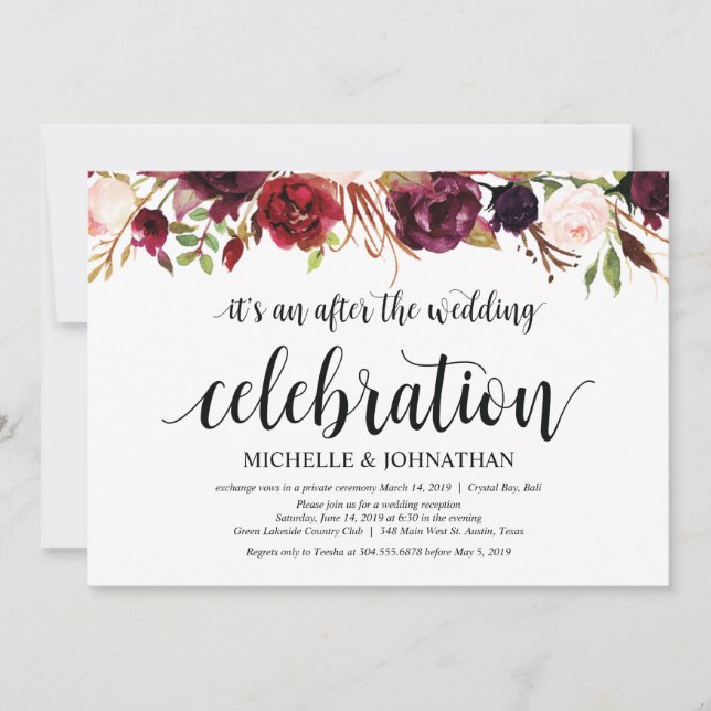 Rustic Burgundy Floral Elopement Reception Invites (Front)